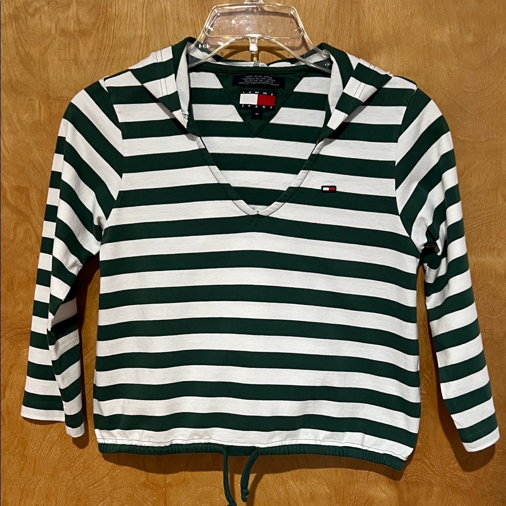 TOMMY JEANS Women’s Junior Green & White Striped Cotton Hoodie Sz.M